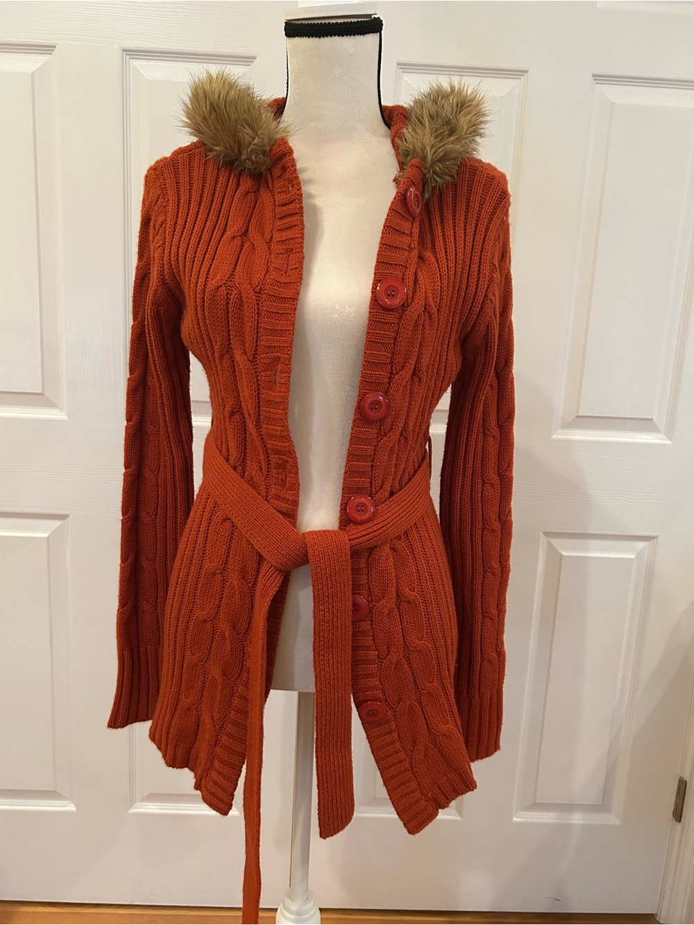 Rust Cable-Knit Hooded Belted Sweater with Faux Fur Trim